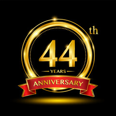 44th Anniversary logo design with golden ring and red ribbon for anniversary celebration event. Logo Vector Template Illustration