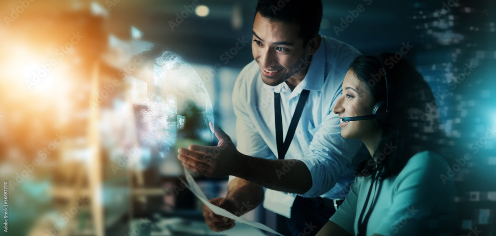 Aufkleber digital marketing, team and telemarketing in call center for future networking at night in double ex