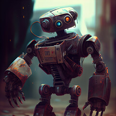 Mini robot in the dark. Generative AI Content.