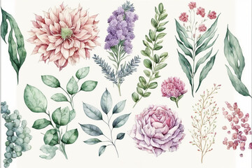 Watercolour floral illustration set. flowers. For bouquets, wreaths, wedding invitations, anniversary, birthday, prints.Generative AI