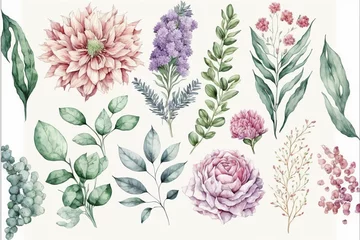 Gordijnen Watercolour floral illustration set. flowers. For bouquets, wreaths, wedding invitations, anniversary, birthday, prints.Generative AI © Jyukaruu's Studio