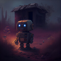 Mini robot in the dark. Generative AI Content.