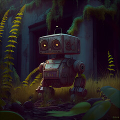 Mini robot in the dark. Generative AI Content.