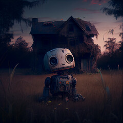 Mini robot in the dark. Generative AI Content.