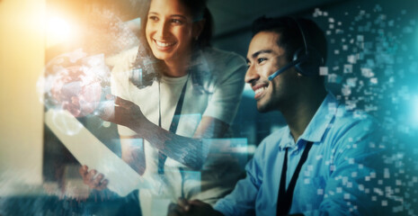 Futuristic business people, call center and global communication in strategy for it support at night in double exposure. Happy consultants smile for big data, innovation or online assistance