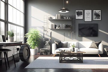 Modern Grey and White Industrial Living Room 2. Generative AI.
