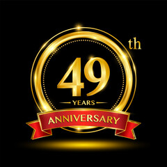 49th Anniversary logo design with golden ring and red ribbon for anniversary celebration event. Logo Vector Template Illustration
