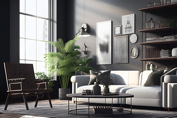 Modern Grey and White Industrial Living Room 1. Generative AI.