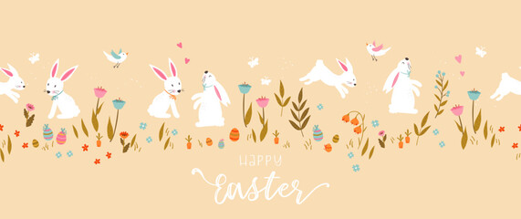 Fototapeta na wymiar Cute hand drawn Easter horizontal seamless pattern with bunnies, flowers, easter eggs, beautiful background, great for Easter Cards, banner, textiles, wallpapers - vector design