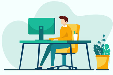 Young man working on computer at home. Vector illustration in flat style for business design concept