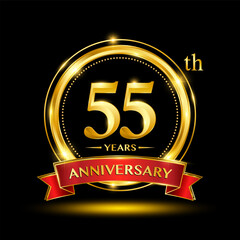 55th Anniversary logo design with golden ring and red ribbon for anniversary celebration event. Logo Vector Template Illustration