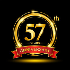 57th Anniversary logo design with golden ring and red ribbon for anniversary celebration event. Logo Vector Template Illustration