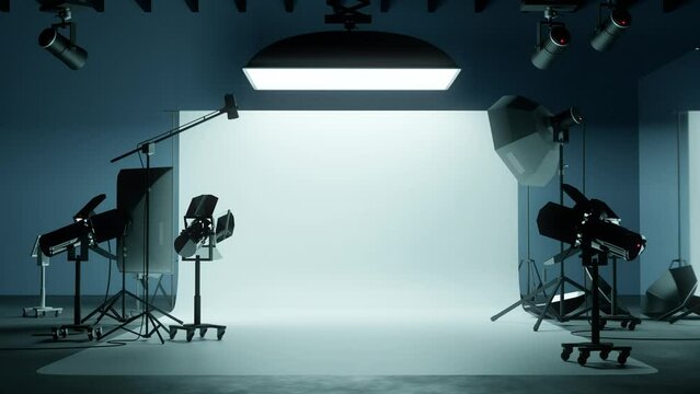 A large blank photo studio background with various lighting equipment. 