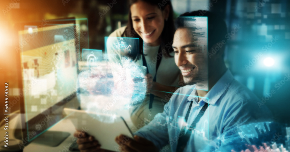 Aufkleber creative business people, tablet and digital transformation with hologram for future networking at n