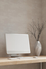 Minimal Scandinavian working space with desktop computer mockup on wooden table. 3d render