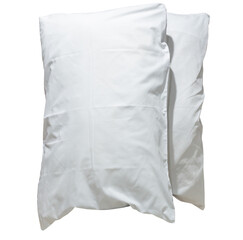 Two white pillows with cases after guest's use at hotel or resort room isolated on white background with clipping path in png file format, Concept of confortable and happy sleep in daily life