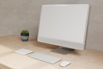 Minimal Scandinavian working space with desktop computer mockup on wooden table. 3d render
