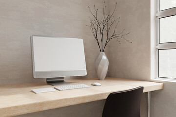 Minimal Scandinavian working space with desktop computer mockup on wooden table. 3d render