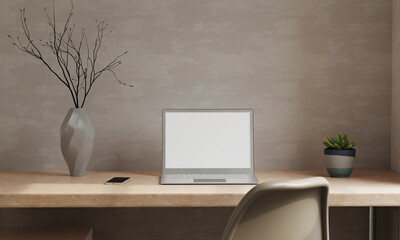 Minimal Scandinavian working space with laptop computer mockup on wooden table. 3d render