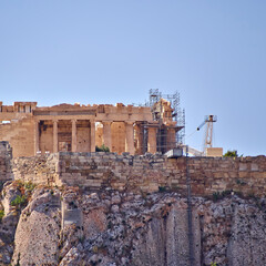 Erechtheion ancient temple on the northern front of Acropolis hill. Cultural travel to Athens, Greece.