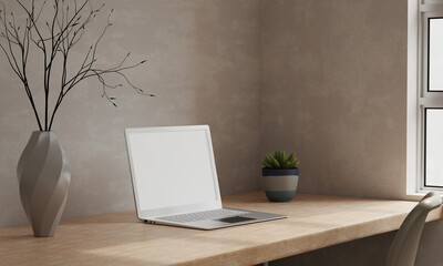 Minimal Scandinavian working space with laptop computer mockup on wooden table. 3d render