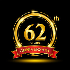 62th Anniversary logo design with golden ring and red ribbon for anniversary celebration event. Logo Vector Template Illustration