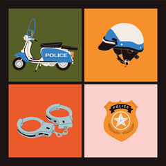 Set with old police scooter, helmet, handcuffs and badge. Logo, icon, poster, print template. Vintage style.Hand drawn colored Vector illustrations.