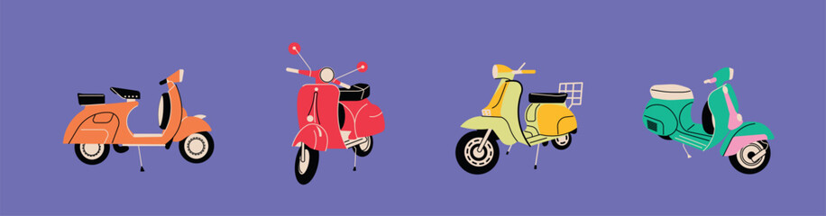 Classic motorcycle, scooter. Two-wheeled vehicles. Personal transport. Hand drawn colorful modern Vector isolated illustrations. Logo, icon, poster, print templates