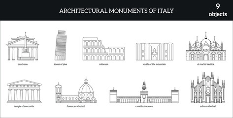 Architectural monuments of Italy. 9 objects. Icons outline icon set includes thin line. icons for report, presentation, diagram, web design