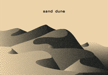 Vector landscape of dune in dotwork style. Stipple illustration design. Old retro dot texture vintage gradient. Pointillism graphic. Grain terrain wallpaper.