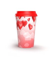 Paper mockup cup drink with hearts on isolated background for Valentine's Day. 