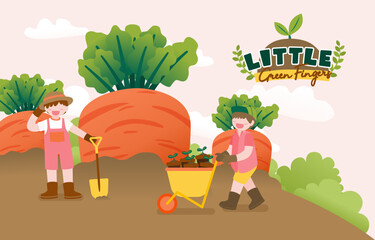 Big isolated cartoon character vector illustration of Cute kids gardening on garden out side home , flat illustration