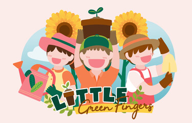 Big isolated cartoon character vector illustration of Cute kids gardening on garden out side home , flat illustration