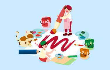 Big isolated cartoon character vector illustration of Cute kids drawing, sketching nad painting  and learning, and discovering new