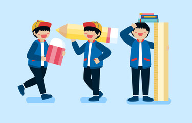 Big isolated cartoon character vector illustration of Cute kids drawing, sketching nad painting  and learning, and discovering new