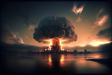 Nuclear bomb explosion in city. Generative AI