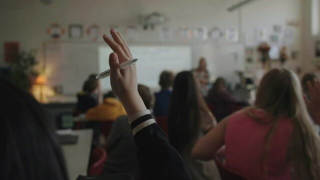 Student Raises Hand During Class Discussion To Ask Question In High School