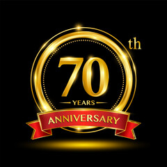 70th Anniversary logo design with golden ring and red ribbon for anniversary celebration event. Logo Vector Template Illustration
