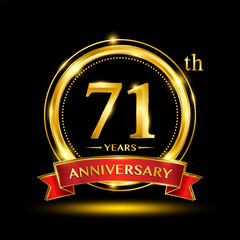 71th Anniversary logo design with golden ring and red ribbon for anniversary celebration event. Logo Vector Template Illustration