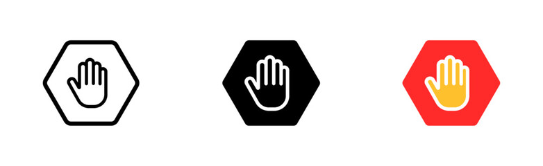Stop sign set icon. Hand, caution, warning, prohibition, communication, sign, chat, communication. Communication concept. Vector icon in line, black and colorful style on white background