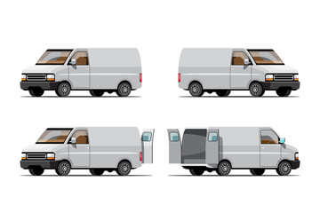 Big isolated vehicle vector icons set, flat illustrations various view of van, logistic commercial transport concept. - obrazy, fototapety, plakaty