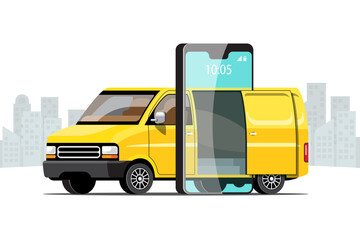 Big isolated vehicle vector colorful icons, flat illustrations of delivery by van through GPS tracking location. delivery vehicle, goods and  parcel delivery, instant delivery, online delivery.