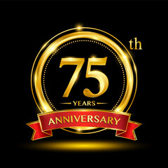 75th Anniversary logo design with golden ring and red ribbon for anniversary celebration event. Logo Vector Template Illustration