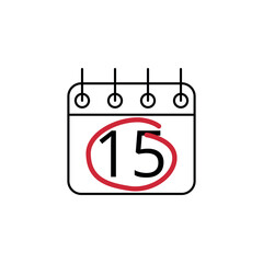 Flat icon of calendar marking day 15 with red line.
