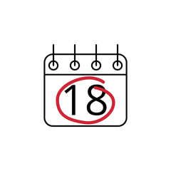 Flat icon of calendar marking day 18 with red line.