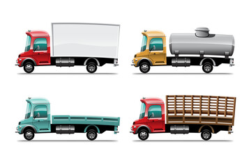Big isolated vehicle vector colorful icons set, flat illustrations of various type truck, logistic commercial transport concept.