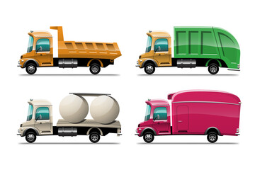 Big isolated vehicle vector colorful icons set, flat illustrations of various type truck, logistic commercial transport concept.
