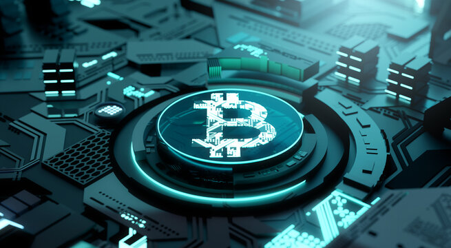 Bitcoin and cryptocurrency - digital money technology background. 3D illustration
