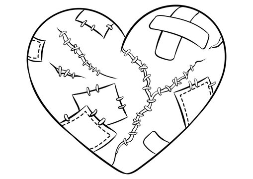 Broken heart metaphor coloring PNG illustration with transparent background. Isolated image on white background. Comic book style imitation.