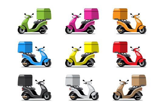 Big isolated Motorcycle vector colorful icons set, flat illustrations of various colorful motorcycles. delivery bike, pizza and food delivery, instant delivery, online delivery.